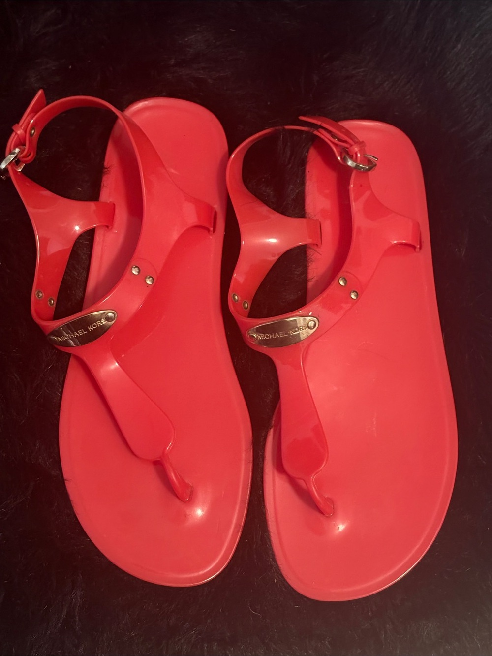 Michael Kors Red Jelly T-Strap Ankle-Sling Sandals with Gold Plaque
